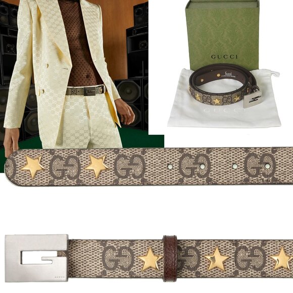 GUCCI BELT ‎710090 THIN STARS STUDDED SQUARE G BUCKLE COATED CANVAS sz 100 / 40 - Picture 1 of 14